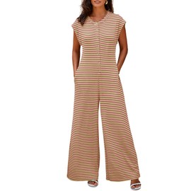 Cicy Bell Women's Summer Striped Short Sleeve Jumpsuit Wide Leg Elegant Romper with Buttons and Pockets Comfortable for Beach and Everyday Use, beige, L