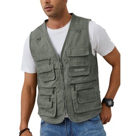Gihuo Men's Fishing Vest Casual Utility Travel Safari Cargo Outdoor Work Photo Fly Vest Jacket with Multi Pockets (X-L, Army green)