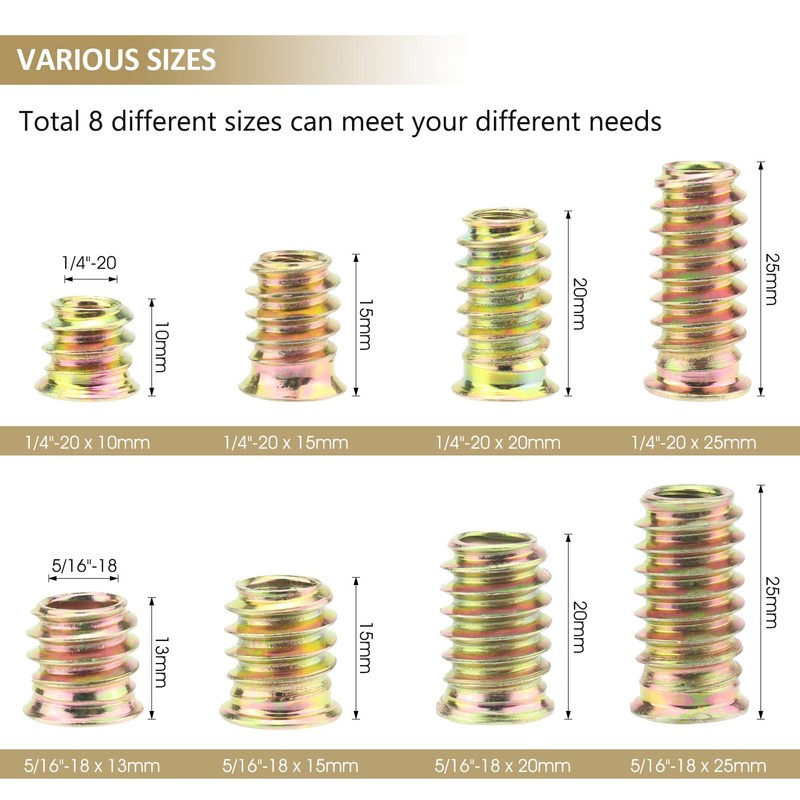 Kindroufly 152 Pieces 1/4"-20, 5/16"-18 Threaded Inserts, Nut Inserts, Wood