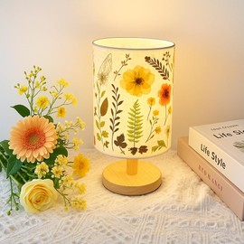 petitepop Dried Flowers Table Lamp, Vintage Floral Beside Lamp,5w Led 3-Color Cute Linen Shade Desk Lamp for Bedroom Office Nursery with Wood Base