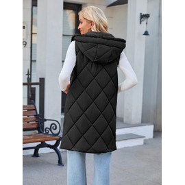 MEROKEETY Womens Hooded Long Padded Vest Coats Quilted Sleeveless Warm Outerwear with Pockets, Black, XL