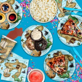 Set de suministros para fiesta de cumpleaños con mapa del tesoro pirata, servilletas, tazas y vajilla para 16