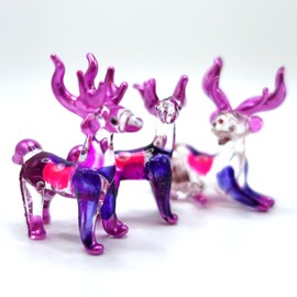 Sansukjai 3 Deer Tiny Miniature Figurines Animals Hand Painted Blown Glass Art Collectible Gift Decorate (Clear Purple)