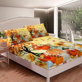 Autumn Sheet Set Queen Size Fall Thanksgiving Turkey Bed Sheet Set for Kids Boys Girls Pumpkin Farmhouse Sheets with Deep Pocket Fitted Sheet Maple Leaves Fall Thanksgiving Turkey Harvest Bedding Set