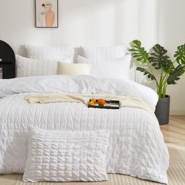 Boqingzhu Bed Linen White 135 x 200 cm Seersucker Summer Breathable Cooling Reversible Bed Linen Set Duvet Cover 135 x 200 cm and Pillowcase 80 x 80 cm with Zip