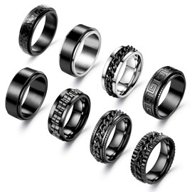 NICEIGHT 8Pcs Stainless Steel Spinner Rings for Men Women Black Fidget Rings for Anxiety Relief Band Rings Cool Chain Fashion Ring Set Size 7-13 Size 7