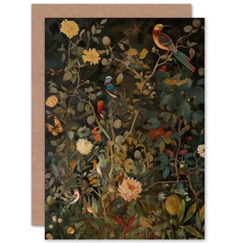 Artery8 Aububon Style Birds in Spring Flower Field Modern Nature Birthday Sealed Greeting Card Plus Envelope Blank Inside