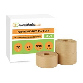 PSBM Reinforced Gummed Kraft Paper Packing Tape, 72mm x 500 Feet, 12 Pack, Brown, Water Activated, Fiberglass Stranded Carton Box Sealing Shipping Tape