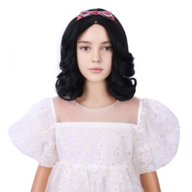 DUDUWIG Girls Black Wig with Headband Kids Short Black Wavy Curly Wig Children Natural Black Middle Part Wig Heat Resistant Synthetic Wig with Wig Cap
