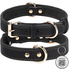 Joytale Leather Dog Collar for Large Dogs, Genuine Heavy Duty Wide Dog Collar with QR ID Tag, Soft Metal Buckle Collars, Black, XL
