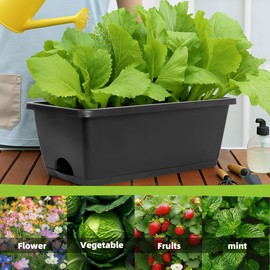 LOCONHA Window Box Planter, 12 Pack Plastic Vegetable Flower Planters Boxes 17 Inches Rectangular Flower Pots with Saucers for Indoor Outdoor Garden, Patio, Home Decor (Dark Grey)