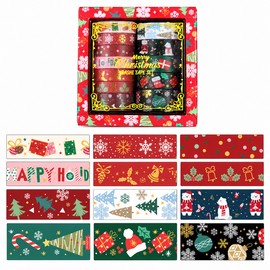 Christmas Masking Tape 12-Design Set, Gift Wrapping Journaling Decoration Deco Tape, 1 Count, Red Festival