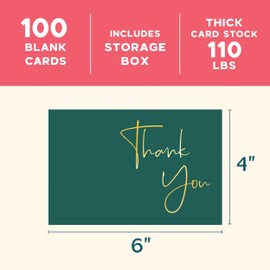 VNS Creations 100 Pack Gold Foil Thank You Cards With Envelopes, Stickers, 4x6 Inch Blank Thank You Notes - Bulk Box Set Notes for Graduation, Wedding, Small Business, Baby, Bridal Shower - Post Green
