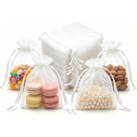 100 Bolsas de Organza Transparente 7x9 cm para Dulces, Joyería y Regalos Bolsitas de Tela con Cordón, Ideales para Recuerdos de Boda, Bautizo, Primera Comunión y Fiestas (Blanco)