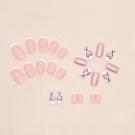 White French Tip Press on Nails Short Valentine'S Day Square Fake Nails Heart Glue on Nails Light Pink Acrylic Nails Silver Glitter False Nails Nail Glue Glossy Stick on Nails for Women 24Pcs