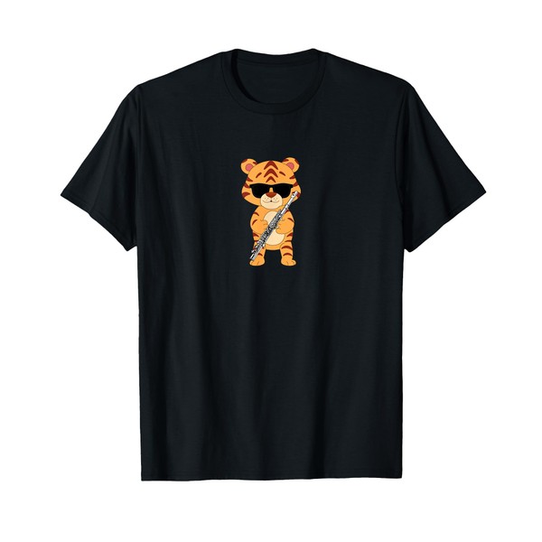 Funny Tiger Wearing Sunglasses Playing Flute T-Shirt