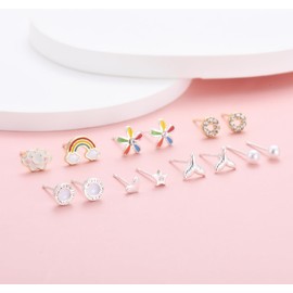 Silver Studs Earrings for Women, 7Pairs Small Sterling Silver Stud Earrings Ball Star Pearl Colorful Rainbow Studs Earrings Sets Gifts for Teens Girls