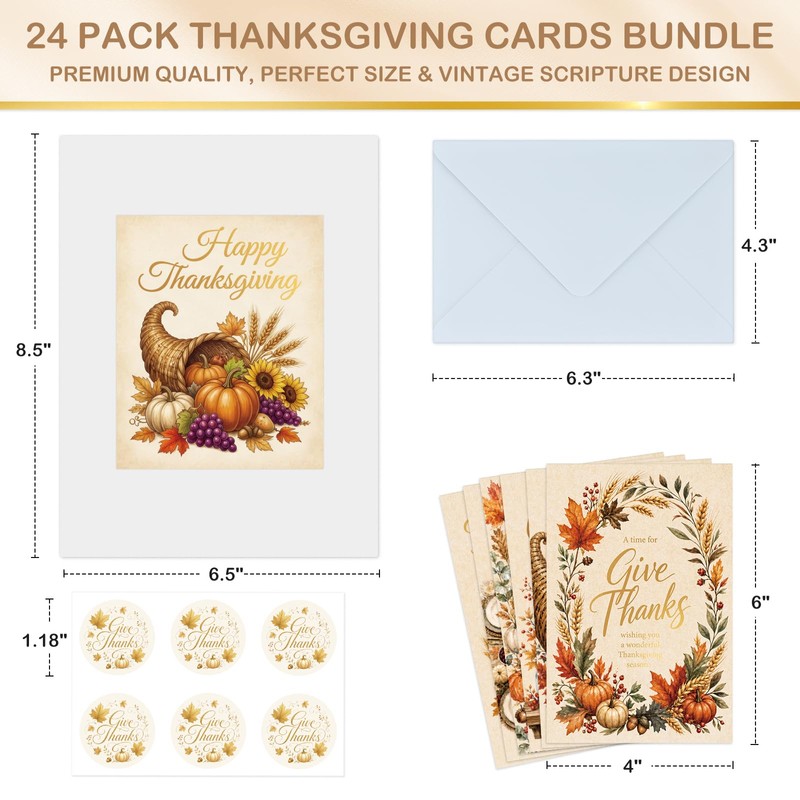 FLYAB 24 Pack Religious Thanksgiving Cards for Family Teachers Employees