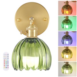 Shenmoyl Vintage Battery Operated Wall Sconce with Green Tulip Glass Lampshade Wireless Rechargeable Battery Powered Wall Light with Remote Control for Bedside Bedroom Doorway