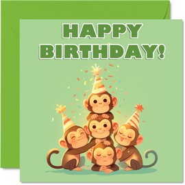 Monkey Birthday Cards for Her Him - Party Animals Pyramid - Happy Birthday Card for Mum Dad Brother Sister Auntie Uncle Cousin Friend Family Colleague 145mm Bday Greeting Cards