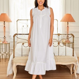 Alexander Del Rossa Womens Cotton Victorian Nightgown, Sleeveless White Cotton Nightgown for Women, Vintage Nightgown White Large (A0564SNWLG)