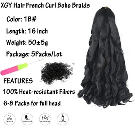 XGY Hair 16Inch French Curl Braiding Hair Boho Loose Wavy 5 Packs #1B Black Bouncy Braiding French Curly Crochet Synthetic French Curly Braids Hair Extensions (Black, 16inch)