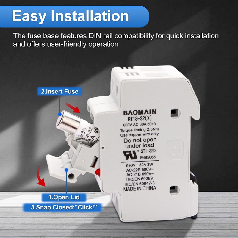 BAOMAIN 2 Pole DIN Rail Fuse Holder, 32A 690V AC
