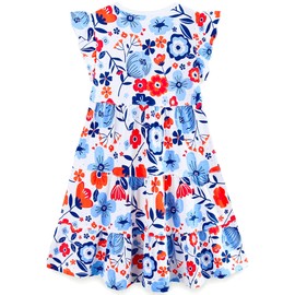 4th of July Girls Dresses Toddler Girl's Summer Dress Cotton Pocket Ruffle Short Sleeve Tiered Swing Twirly Casual Sundress Dresses for Girls Clothes Outfits Color Block Red and Blue Flower Size 5t