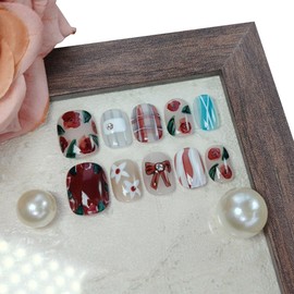 Short Square Press on Nails Handmade False Nails with 3D Designs/Charms, Cute Reusable Fake Stick on Acrylic Tips (Rose Garden, Small)