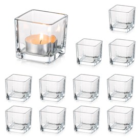Glasseam Square Candle Holders for Table Centerpieces, Small Tealight Holder Set of 12, Clear Glass Votive Candle Holders, Mini Cube Tea Light Candle Holders for Floating Candle Dining Table Decor
