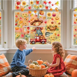 9 Sheets Fall Window Clings, Double Sided Autumn Pumpkin Maple Leaves Scarecrow Truck Nuts Window Stickers for Thanksgiving Friendsgiving Harvest Party Decor Indoor Outdoor