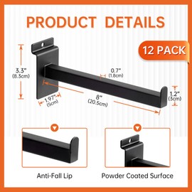 WETOECOTEC 8 Inch Square Tubing Slatwall Shelf Bracket , Heavy Duty Slat Wall Floating Shelf Bracket with Lip, Slatwall Accessories for Retail Display,Garage (12Pcs, Black)