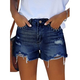 Pink Queen Trendy Ripped Jean Shorts for Women Mid Rise Tummy Control Straight Legs Plus Size Hot Shorts Destroyed Frayed Raw Hem Denim Shorts with Pockets Blue 2XL