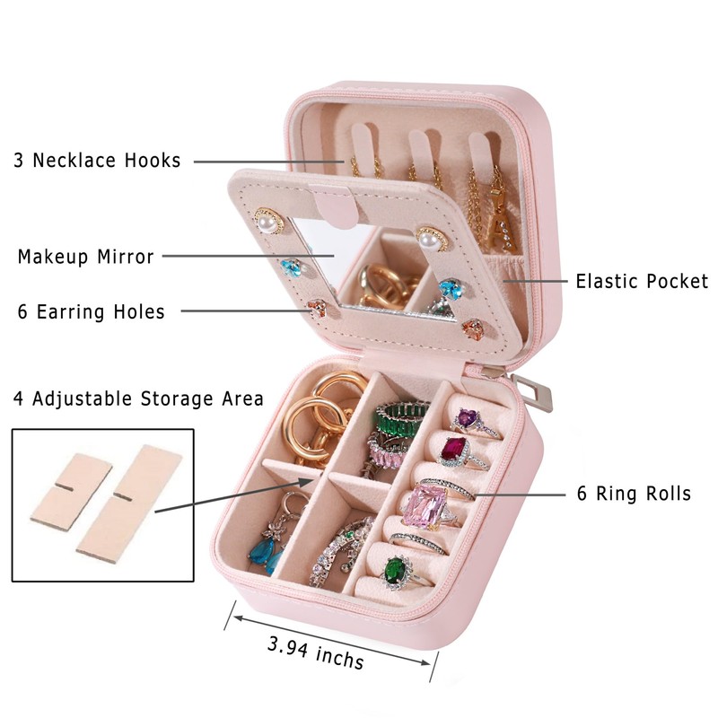 XIUQILAI Jewelry Box for Women, Pink Small Travel Earring Organizer
