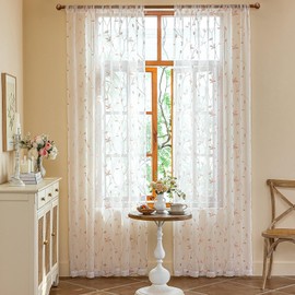 AmHoo 2 Panels Embroidered Leaf Pattern Semi Sheer Curtains Foliage Floral Voile Window Draperies Treatment for Bedroom Living Room Rod Pocket White Pink 53 x 63 Inch