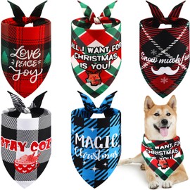Sanwuta 5 Pcs Christmas Dog Bandanas Funny Plaid Dog Triangle Scarf Bibs with Sayings Reversible Adjustable Holiday Dog Kerchief Washable Pet Costume Accessory for Small Medium Large(Vivid Style,L)