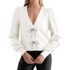 Saodimallsu Womens Puff Long Sleeve Sweaters V Neck Cropped Bow