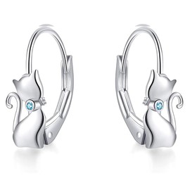 CZ Cute Cat Hoop Earrings for Women Girls 925 Sterling Silver Crystal Animal Pet Small Huggie Hoops Cartilage Earrings Studs Leverback Dainty Jewelry Gifts (Blue CZ)