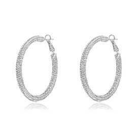 Flyonce Rhinestone Hoop Earrings for Women, Sparkly Crystal Large Circle Pierced Earrings, Thin Round Big Dangle Loop Clear Silver-Tone