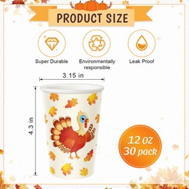 CIOEY Thanksgiving Disposable Paper Cups 12 oz, Turkey Pumpkin Maple Leaves Paper Cups, Autumn Fall Table Decorations Cups for Hot/Cold Drinks, Holiday Thanksgiving Dinner Party Supplies 30 Pack