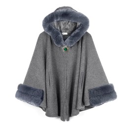 Dahlia Women's Winter Poncho Cape – Luxurious Faux Fur-Trimmed, Shed-Free, Silky Touch, Fleece-Lined Elegant Cloak, Gray Medium