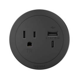 Legrand Wiremold RFPCRUAUC-BK10 Round Furniture Power Center with USB, 1 Outlet, Type A/C USB, 10 Foot Cord, Black