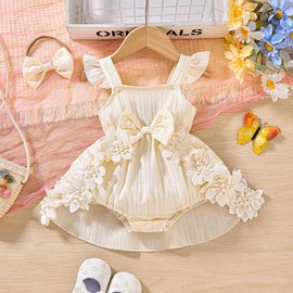 Douhoow Baby Girl Dress Romper Ruffle Sleeveless Bow Front Romper Dress with Headband Infant Girl Summer Clothes (Beige, 3-6 Months)