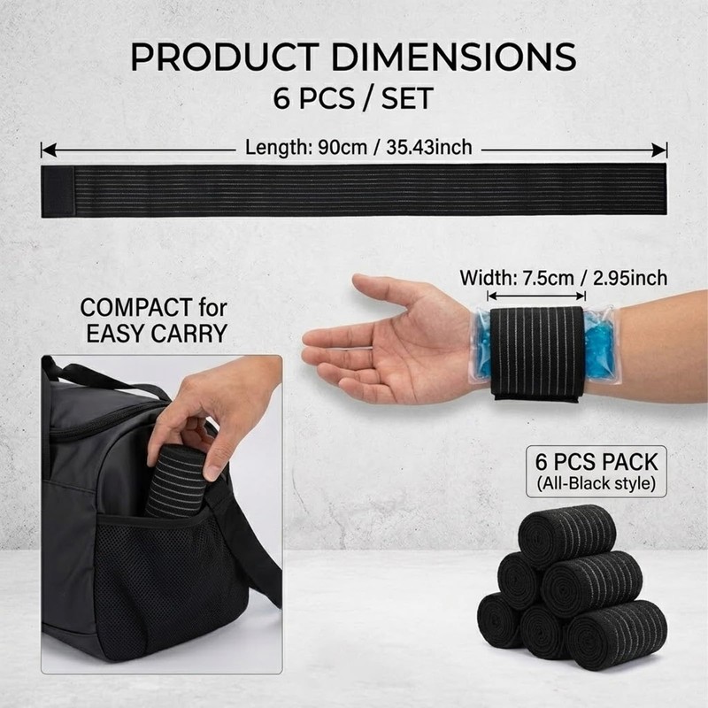 6 Pack Ice Pack Extension Straps - 35"x3" Elastic Wrap