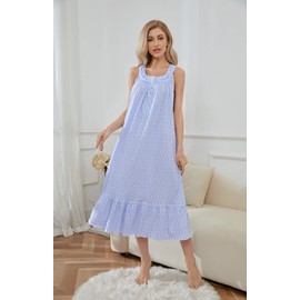 IZZY + TOBY 100% Cotton Nightgowns for Women Soft Ladies Gowns Sleepwear Long Sleeveless Nightgown White Blue S