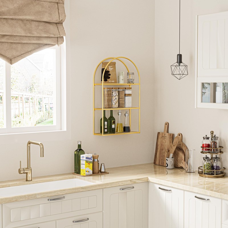 Crofy Gold Arched Frame Wall Shelf, Decorative 3 Tier Bathroom