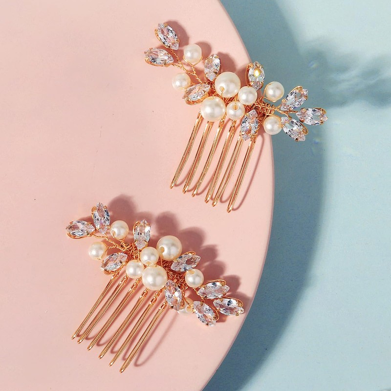 2 Piece Pearl Wedding Hair Comb Crystals Pearls Clips Bridal