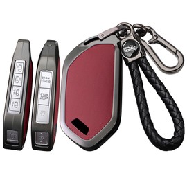 SANRILY Metal & Leather 5/6/7/8 Button Smart Key Fob Cover Case Compatible with Kia Telluride 2024 EV9 Picanto Sorento Seltos All New K5 2023 Keyless with Keychain Red