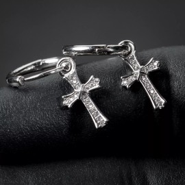 Tsv Jewelers Iced Cz Dangle Hanging Hip Hop Huggie Cross Hoop Sterling Silver 2Pc Earrings