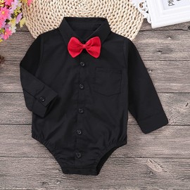 Yruiz Baby Boy's Button-Down Shirt Newborn Jumpsuit Long-Sleeved One-Piece Gentle Man Outfit (Black, 0-3Months)